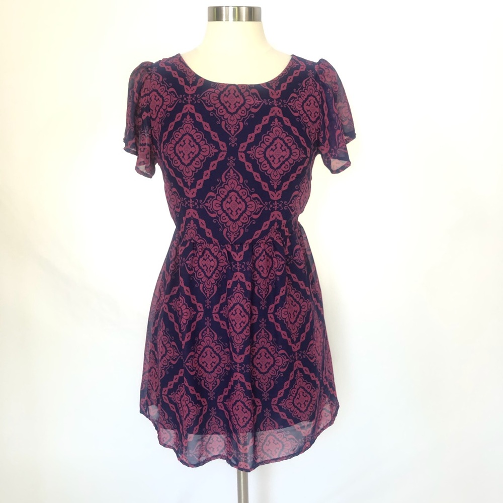 Peppermint Navy Print Flutter Sleeve Dress Size L